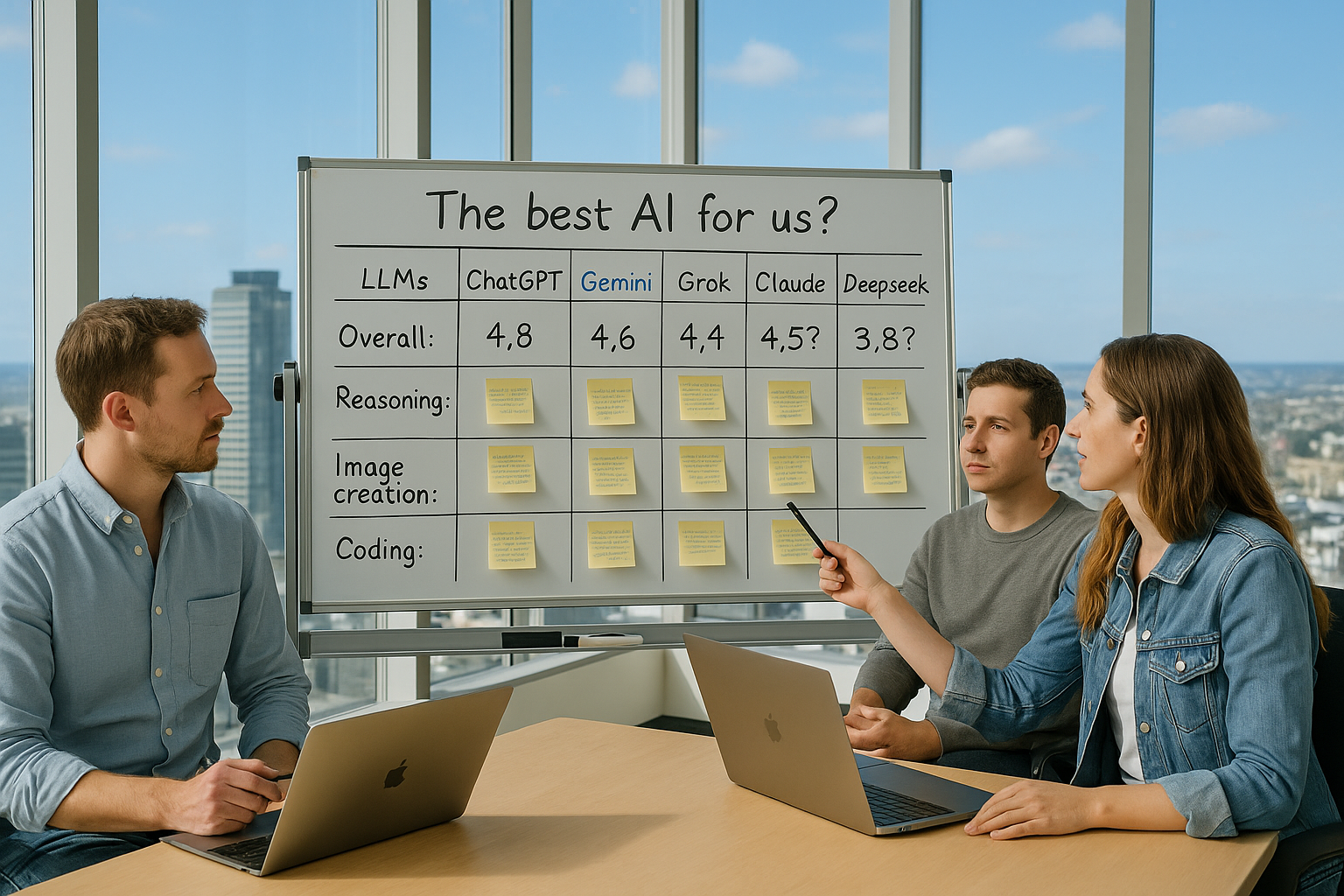 Team comparing top LLMs like ChatGPT, Gemini, Grok, Claude, Mistral, and Deepseek on a whiteboard chart in a modern office